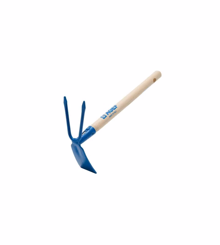 Zappetta Quadro Bidente Manicata in Faggio Naturale e Acciaio Blu - 18 cm
