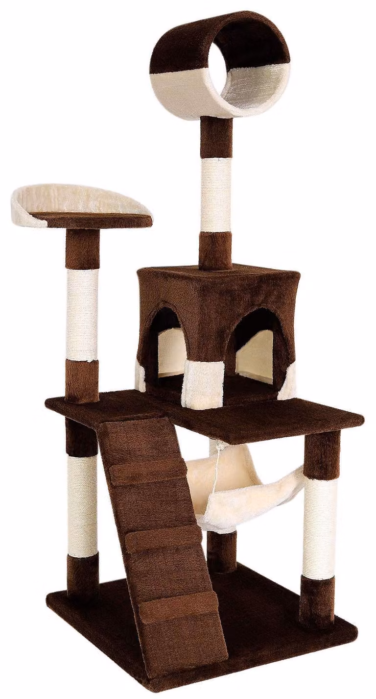 tiragraffi lionto, elegante albero per gatti da 133 cm con copertura in peluche, robusti paletti in sisal e versatili aree di riposo, marrone/beige