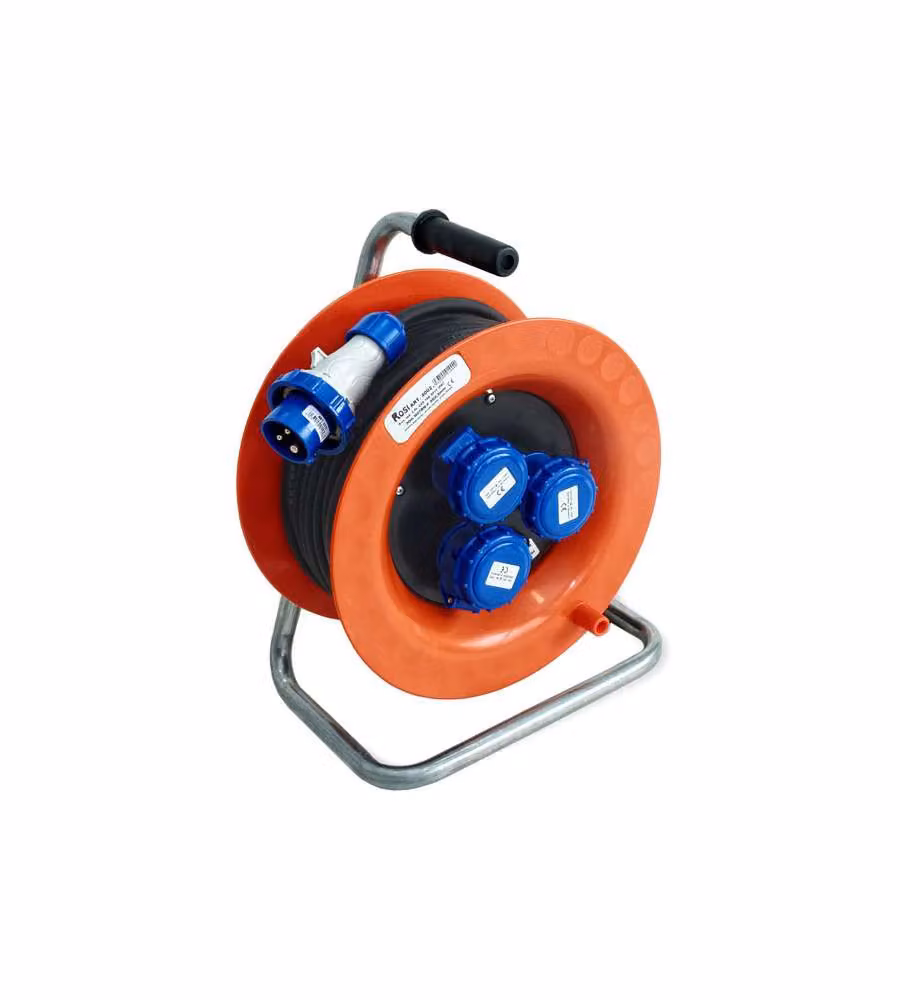 Avvolgicavo Industriale Rosi 4002 Rosso con 30 m di cavo H07RN-F 3G2.5 mm², 3 prese CEE 16A e protezione IP67 – 3