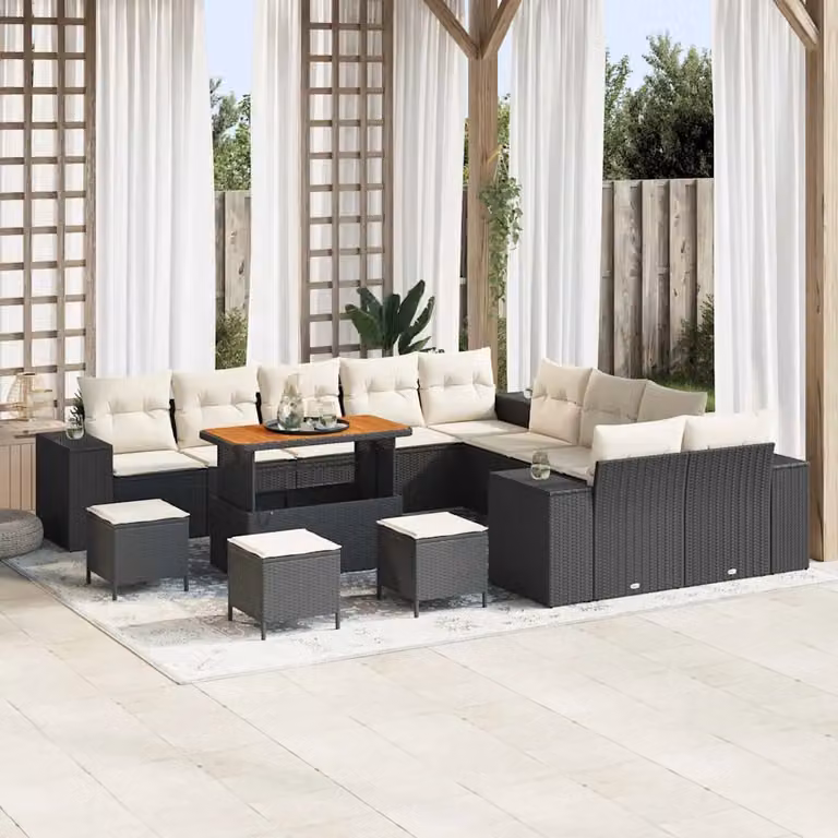 vidaXL Set Divano da Giardino a L in Polyrattan con Cuscini, Nero e Beige, 14 Pezzi