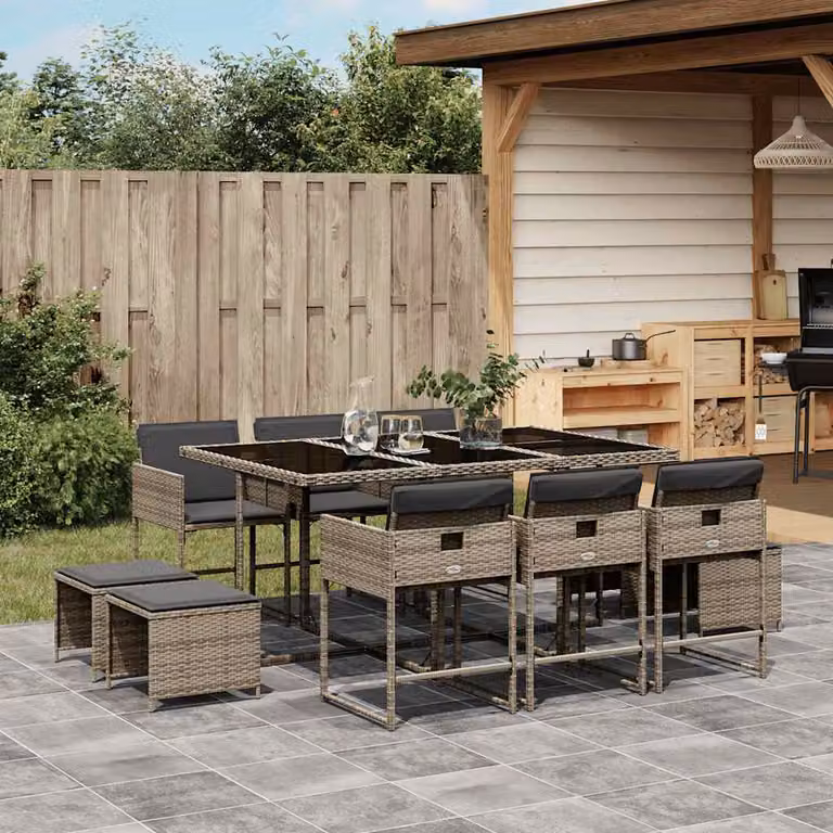 Set da Pranzo da Giardino vidaXL in Polyrattan e Vetro con 11 Pezzi e Cuscini Grigio e Nero