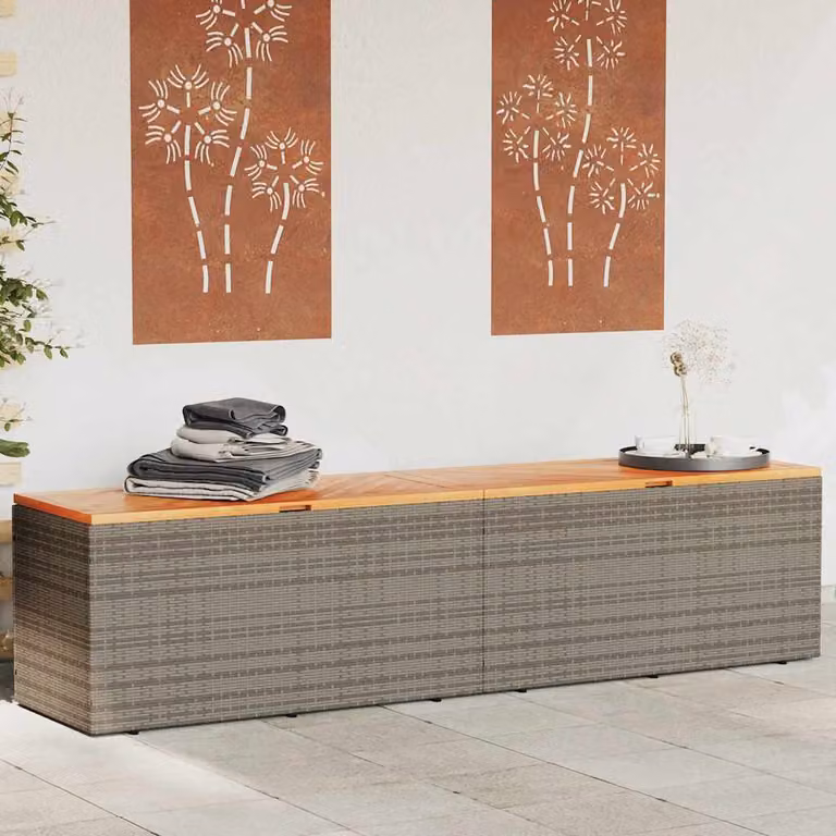 Contenitore da giardino vidaXL in rattan e legno di acacia, Grigio e Marrone, L 220 cm x P 50 cm x H 54 cm