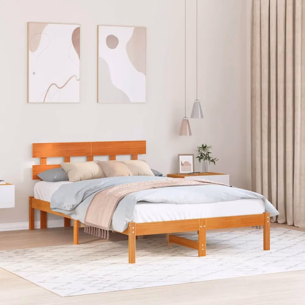 Struttura del letto moderna vidaXL in legno massello di pino marrone L: 135 cm, P: 190 cm
