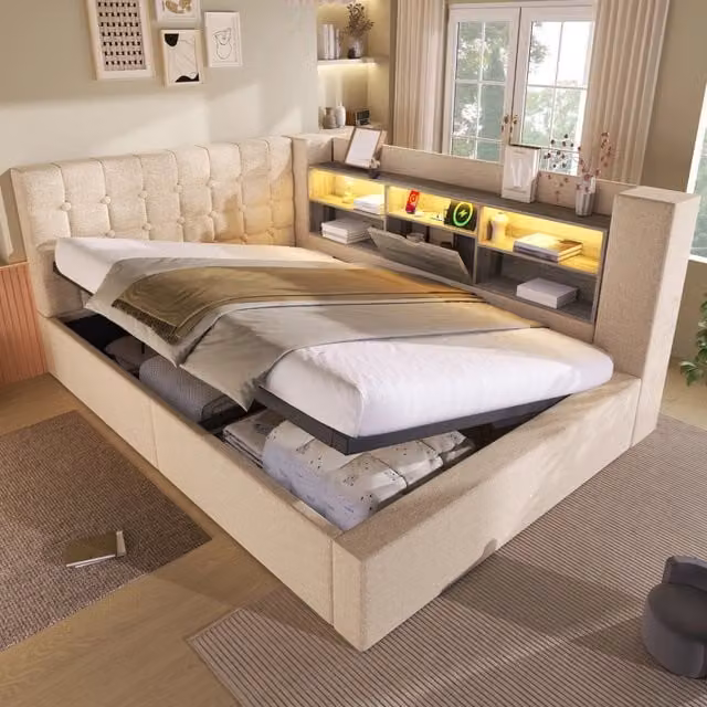 Letto matrimoniale WISHDOR beige con contenitore idraulico, illuminazione LED, porta USB e materasso incluso L/P: 140 x 200 cm