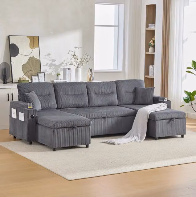 Divano letto ULEVR 4 posti 272x136 cm con doppia chaise longue contenitore, USB Type-C e portabevande, grigio carbone