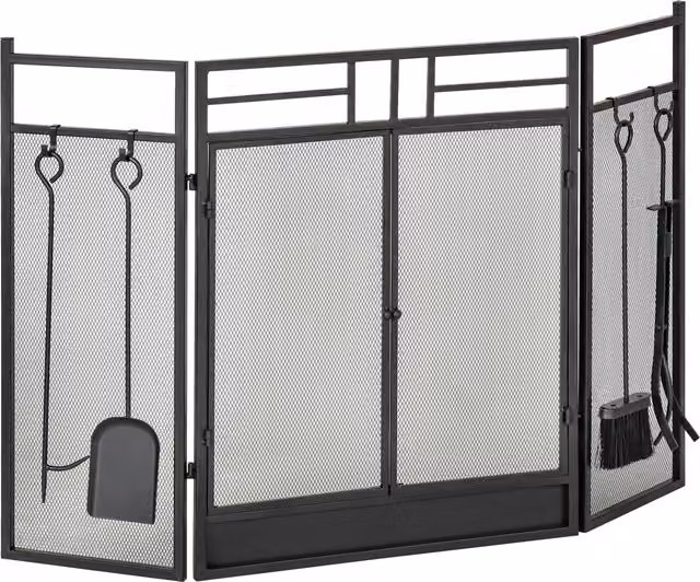 Parascintille per Camino Moderno HOMCOM con 2 Porte in Metallo Nero, L 122 cm x H 80 cm x P 1,6 cm – 1