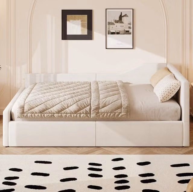 Divano letto imbottito 140x200 cm beige con vano contenitore e doghe