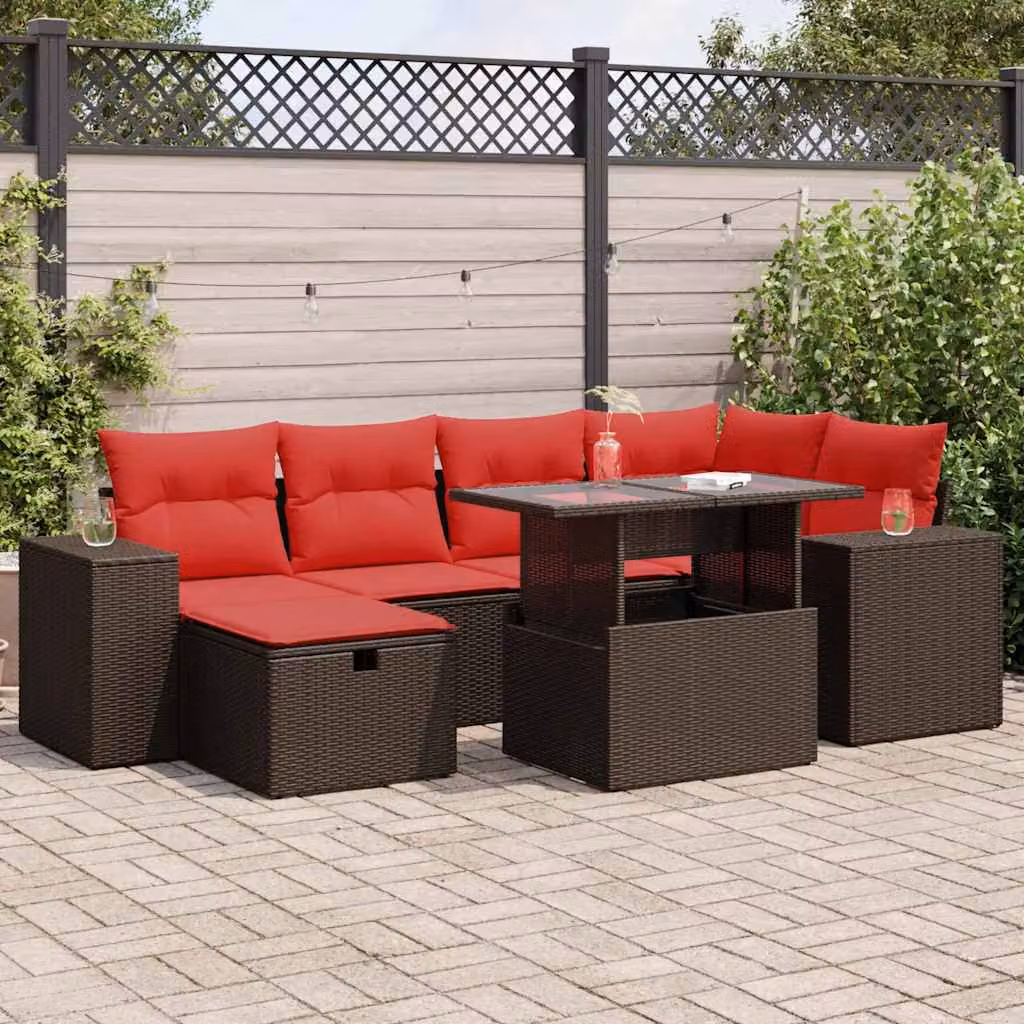 Set di divani da giardino vidaXL in polyrattan e legno di acacia con 7 cuscini, colore nero