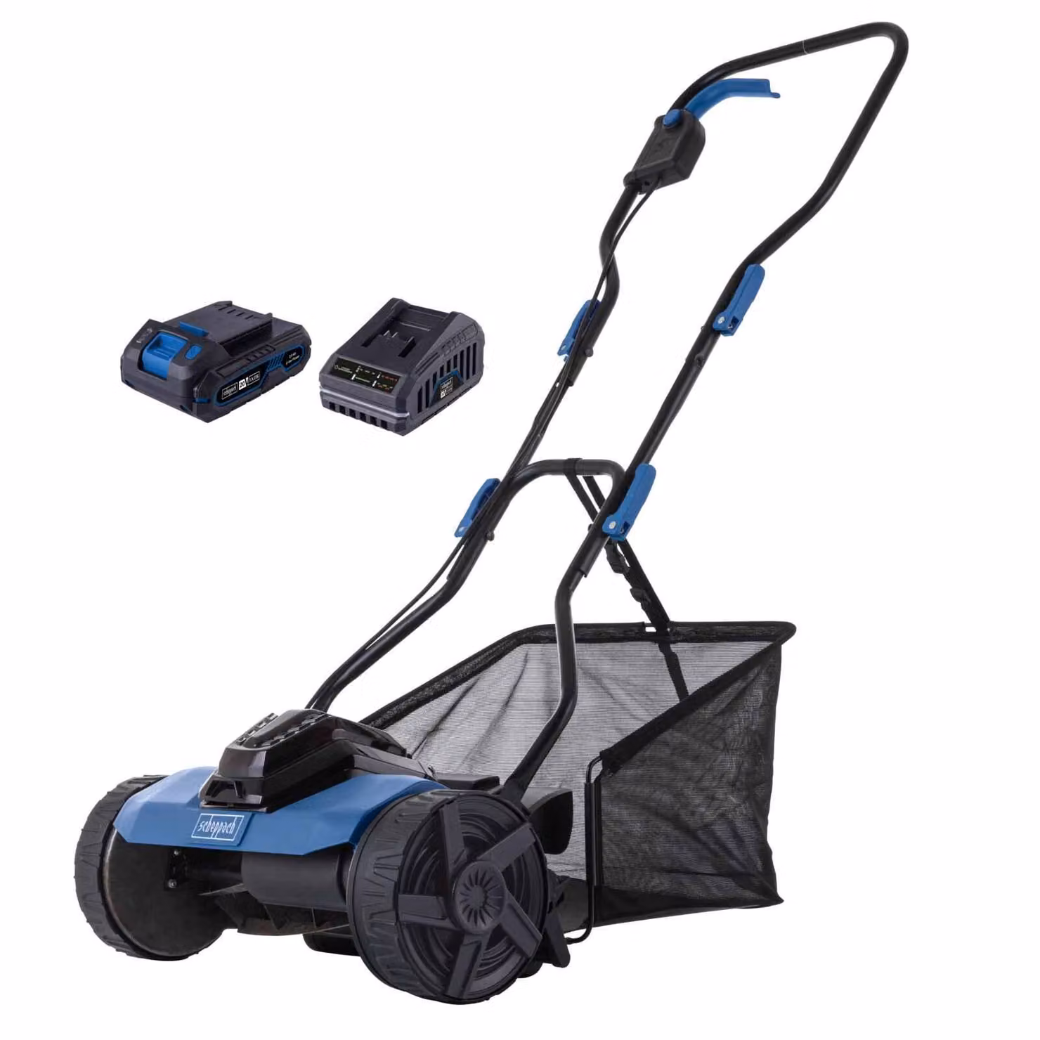 Tosaerba a cilindro a batteria Scheppach C-SPM380-X - 20 V IXES | Larghezza di taglio 38 cm | Cestello di raccolta da 45 l | Batteria da 2 Ah + caricabatterie da 2,4 A inclusi