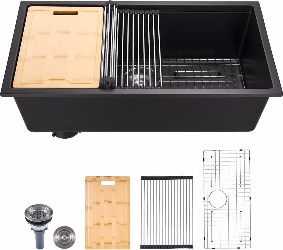 Lavello da cucina sottotop, nero, in granito composito, dimensioni 838x482x254 mm, completo di accessori