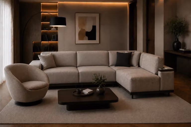 Divano angolare elegante a forma di L, abbinato a una poltrona coordinata