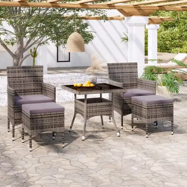 Set Pranzo da Giardino 5 pz Polyrattan e Vetro Temperato Grigio 3058329