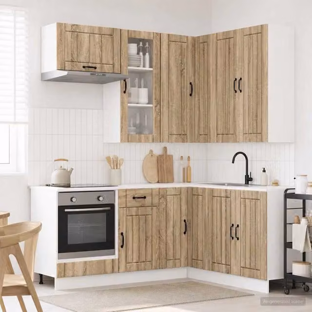 Unità Cucina vidaXL LUCCA 8 pz Rovere Sonoma Marrone con Ante in Vetro e Design Minimalista