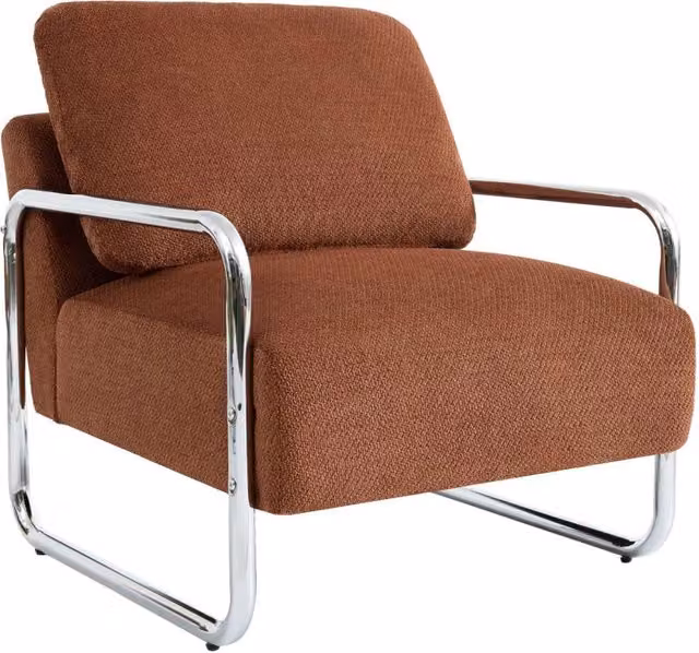 Poltrona vintage SWEEEK in tessuto chenille rosso con struttura in metallo lucido e braccioli – 1