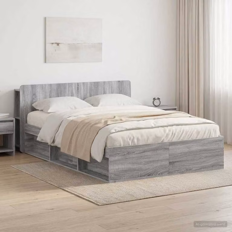 vidaXL Telaio letto con contenitore e cassetti Sonoma grigio L/P/H: 221.5 x 150 x 80 cm