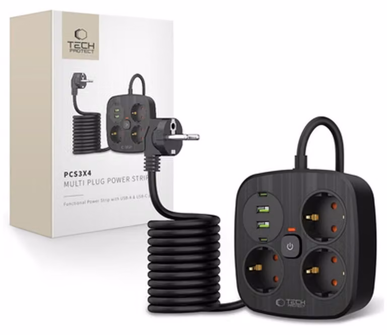Tech-Protect Pcs3X4, 3 prese di rete, 2Xusb-A, 2Xusb-C 200 Cm - Nero