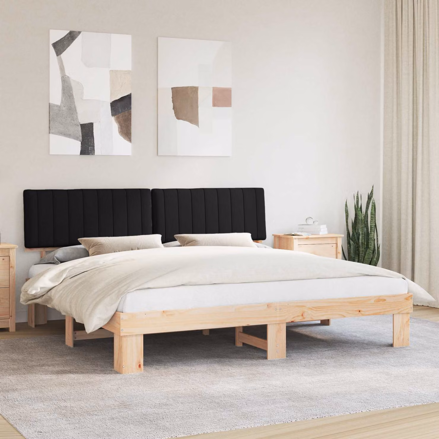Letto moderno vidaXL con testiera rivestita in tessuto nero e struttura in pino massello L/P/H: 200 x 200 x 93 cm – 1