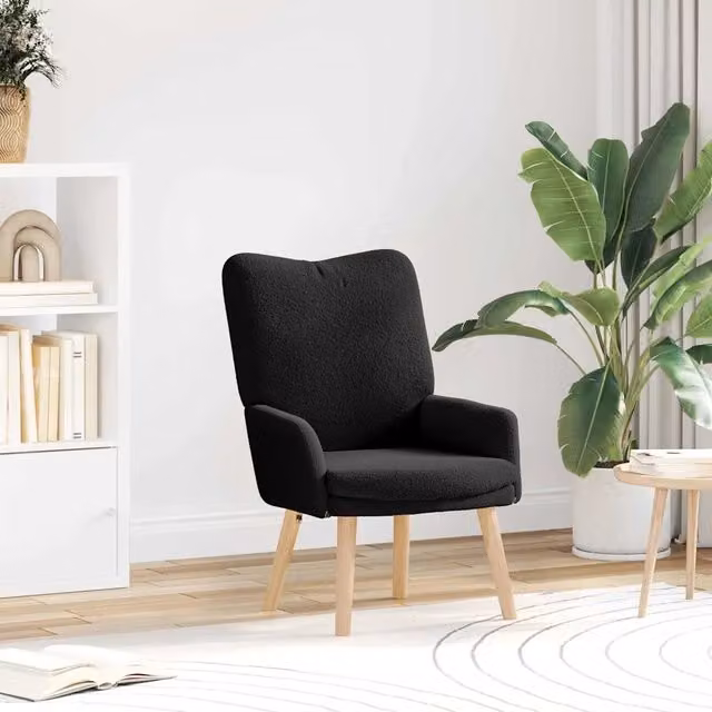Poltroncina moderna nera con braccioli in tessuto di pecora e legno, L: 63 cm, P: 67 cm, H: 94 cm
