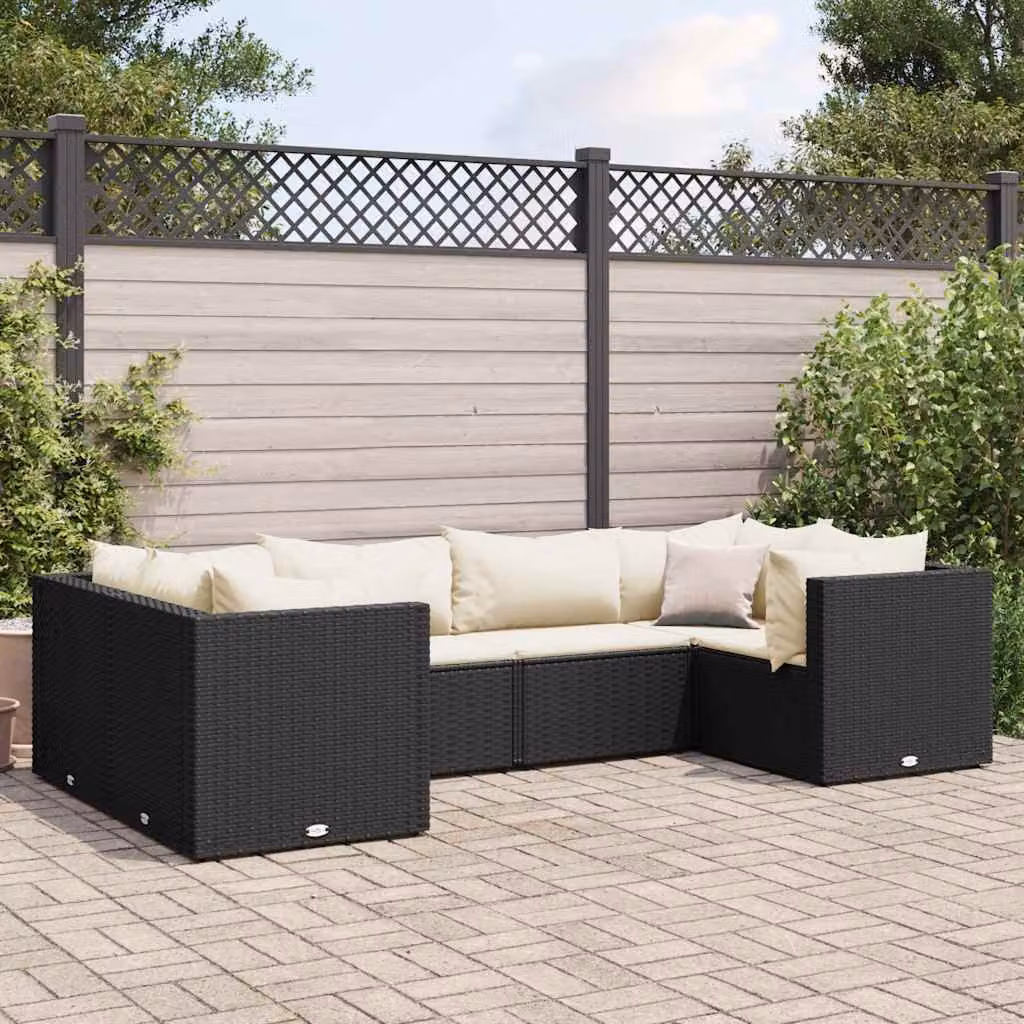 vidaXL Set di Mobili da Giardino Moderno a Forma di L con Cuscini Imbottiti, Struttura in Acciaio Verniciato a Polvere e Polyrattan, Nero e Bianco – 1