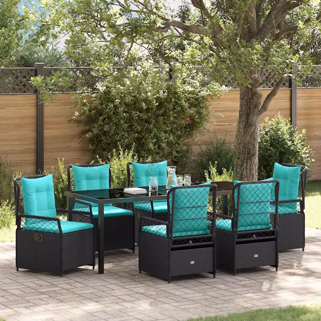 Set da pranzo per giardino e terrazza vidaXL in polyrattan e vetro nero, 7 pezzi