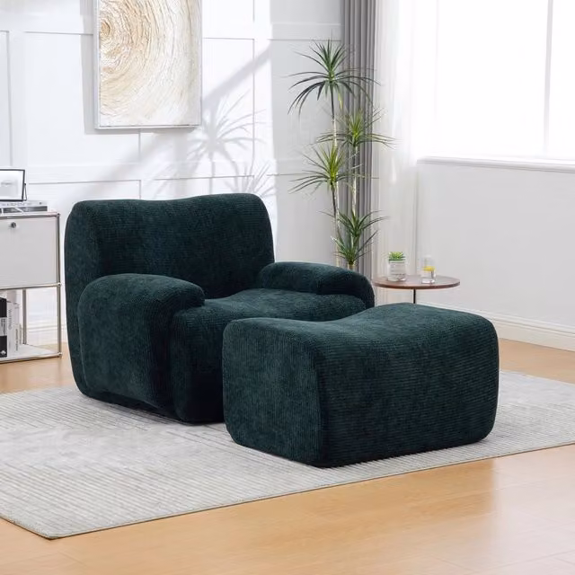 Poltrona con poggiapiedi ¨C Minimal ¨C Verde chenille schiuma 30D per soggiorno