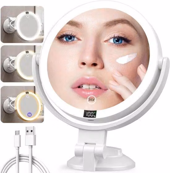 Specchio da trucco elettronico con ingrandimento 20x e funzione girevole