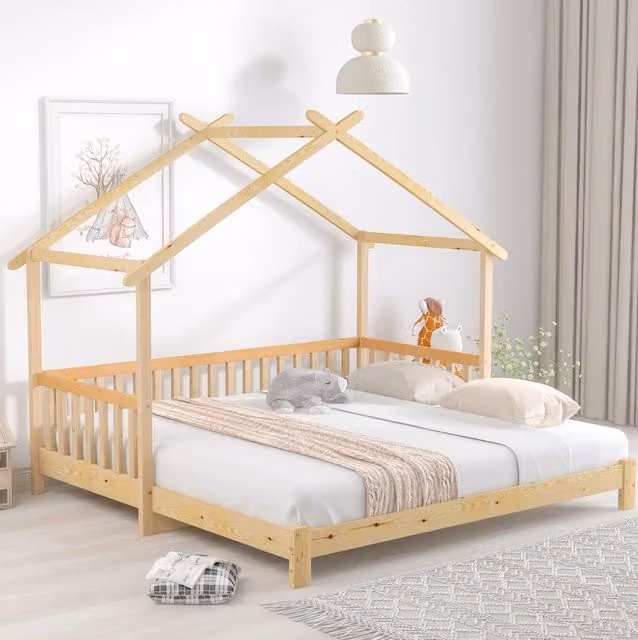 Letto a forma di casa ULEVR allungabile 90/180x200 cm in legno massello di pino naturale con sponde