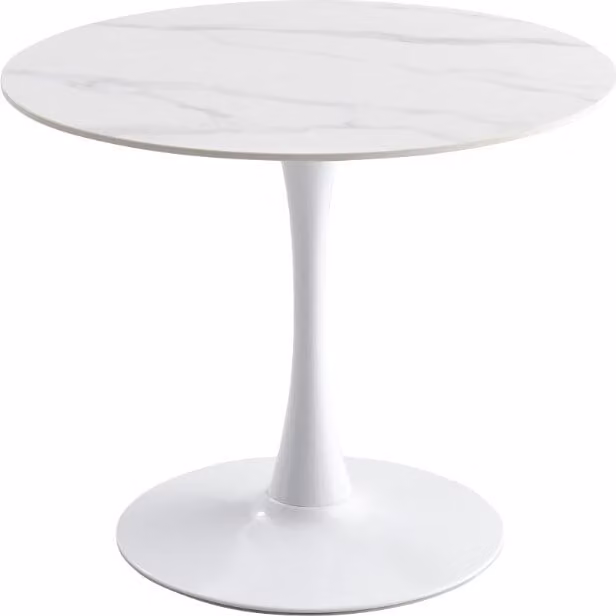 CasaDolce INTERLA 1 tavolo da pranzo, bianco, 90x75 cm, motivo marmo, pietra sinterizzata, base a colonna in metallo