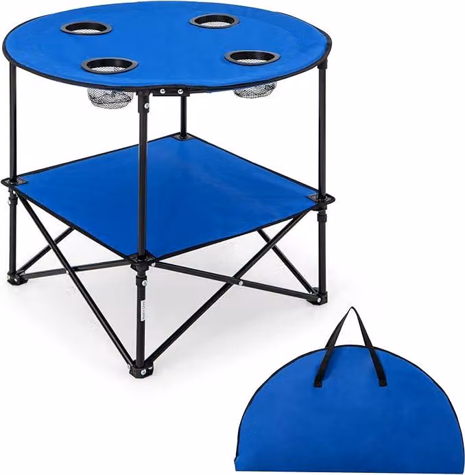 Tavolo da picnic pieghevole, tavolo da campeggio a 2 livelli, tessuto Oxford con rivestimento in PE, 4 portabicchieri in rete, portata massima 40 kg, 72 x 72 x 59 cm, blu