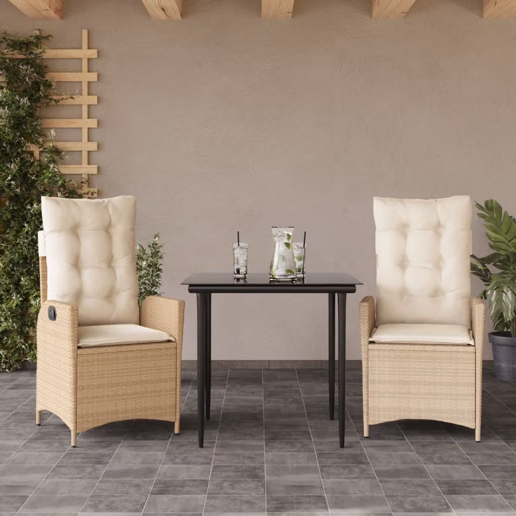 Set da Pranzo da Giardino 3 pz vidaXL in Polyrattan con Cuscini Beige e Tavolo in Vetro – 1