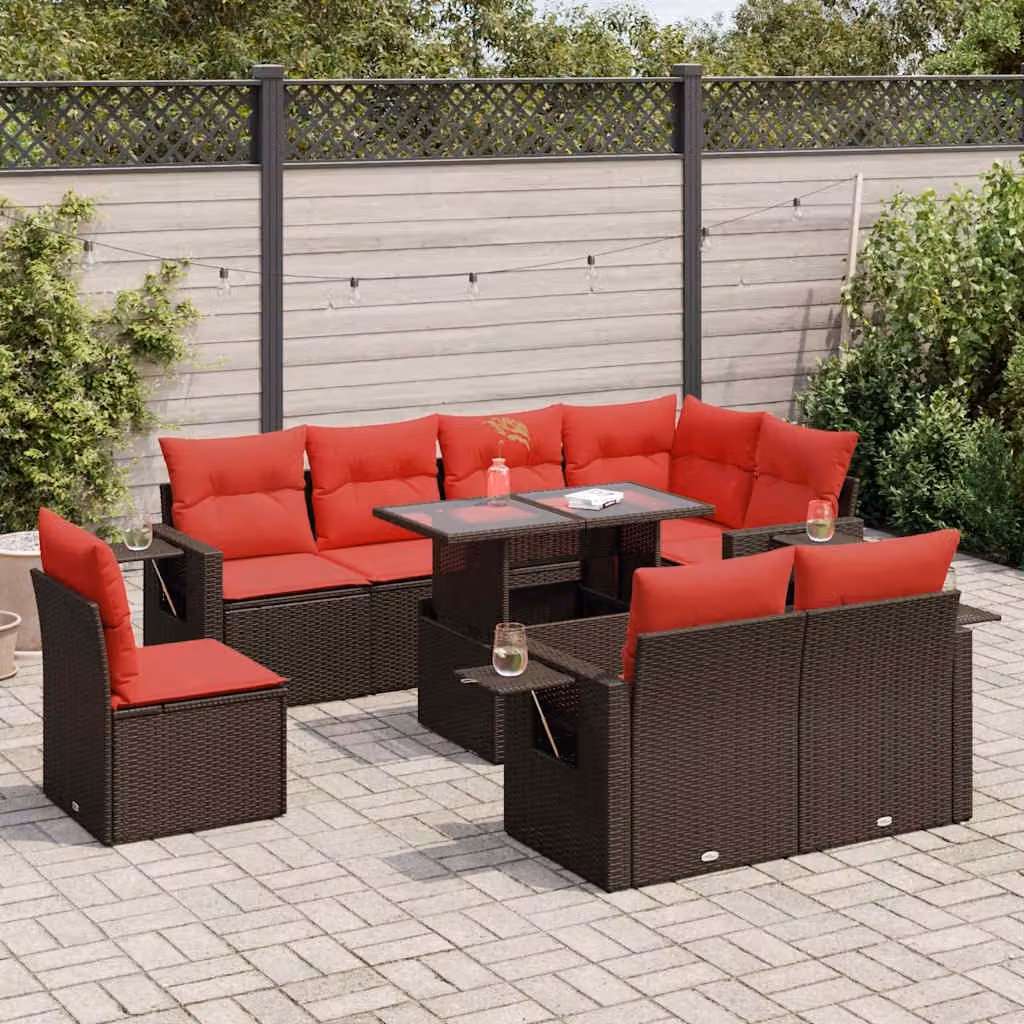 Set Divani da Giardino vidaXL 9 Pezzi in Polyrattan Marrone con Cuscini e Tavolino da Esterno a Forma di U