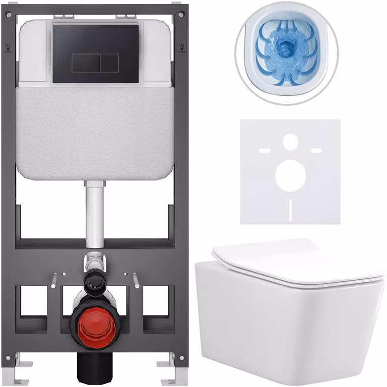 CERANO - Set WC da incasso Forte - bianco lucido - pulsante Prime/Modulo, nero - a pavimento - installazione pre-parete/cartongesso - 51x36 cm