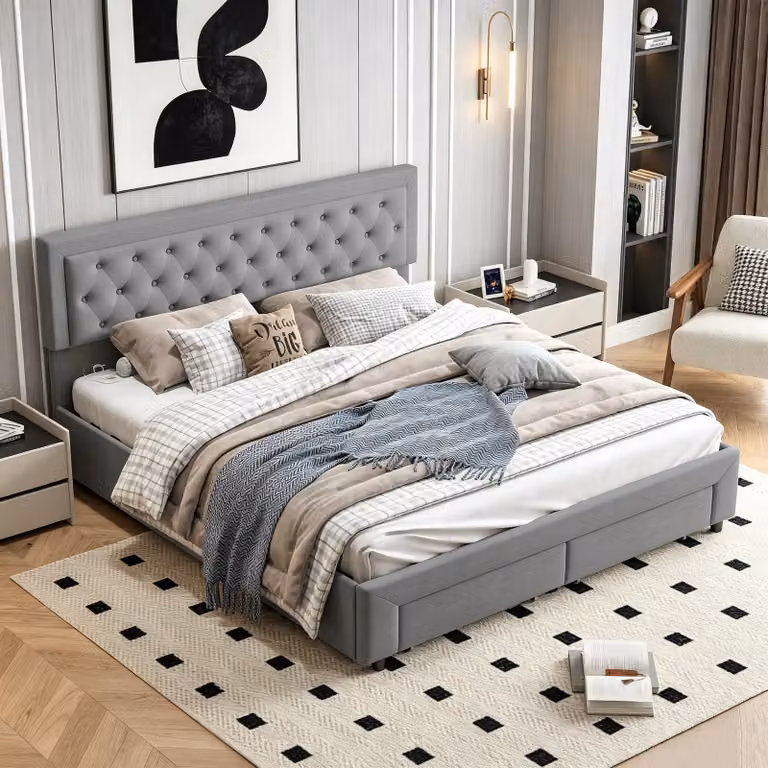Letto matrimoniale con boxspring INONEFT, 180 x 200 cm, con sistema di sollevamento idraulico, rete a molle e spazio contenitore, rivestito in velluto grigio