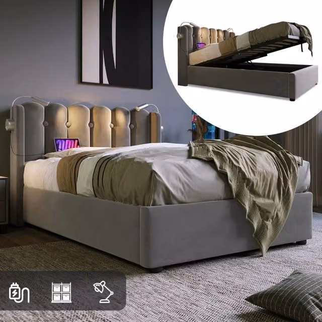 Letto Singolo 90x200 in Velluto Grigio con Contenitore; Luce di Lettura e Prese USB