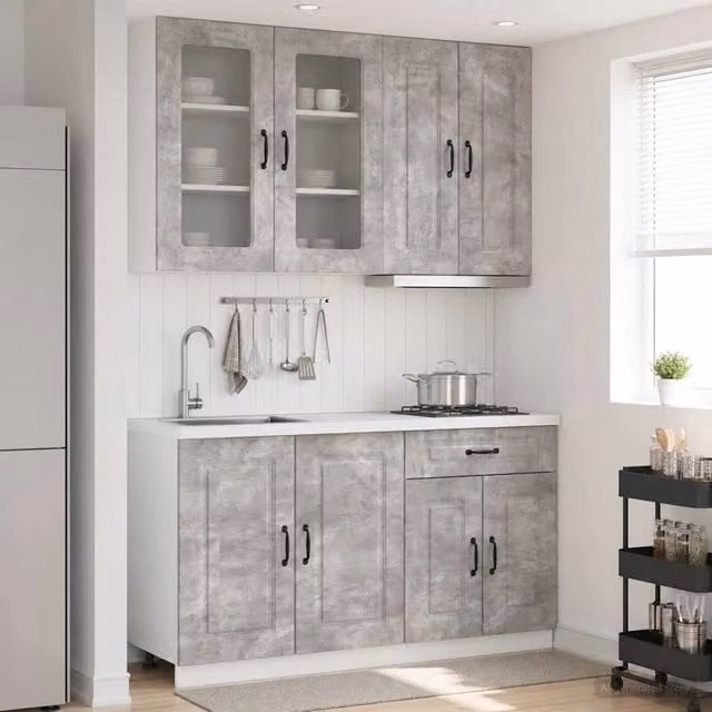 Set di unità cucina moderna vidaXL KALMAR in 4 pezzi, colore grigio, realizzata in MDF con ante a battente e ripiani interni