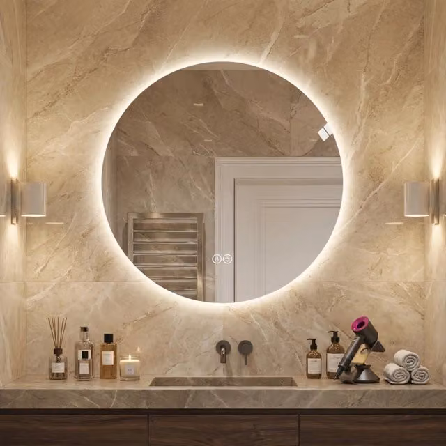 Specchio da bagno rotondo REDOM con luce LED dimmerabile, colore argento, in vetro e metallo, Diametro: 80 cm