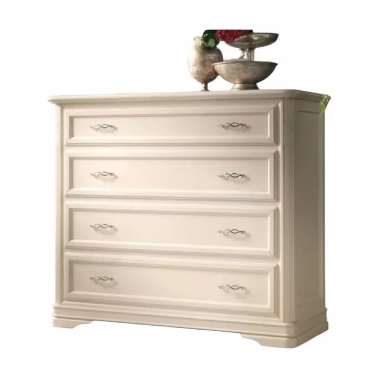 Cassettiera classica con 4 cassetti in legno massello Mobili 2G colore bianco L: 130 cm, P: 51 cm, H: 105 cm