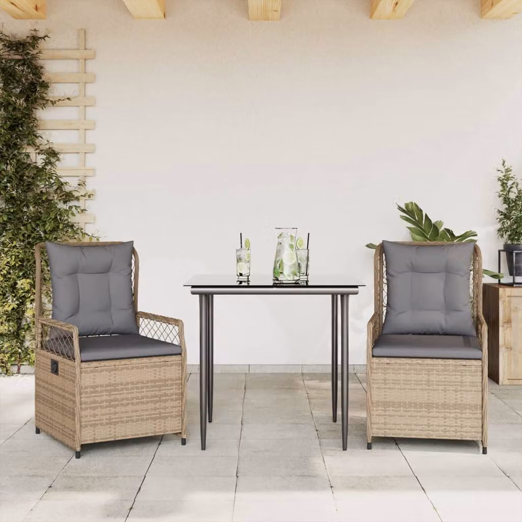 Set da Pranzo da Giardino 3 pz vidaXL in Polyrattan con Cuscini Beige e Tavolo in Vetro – 1