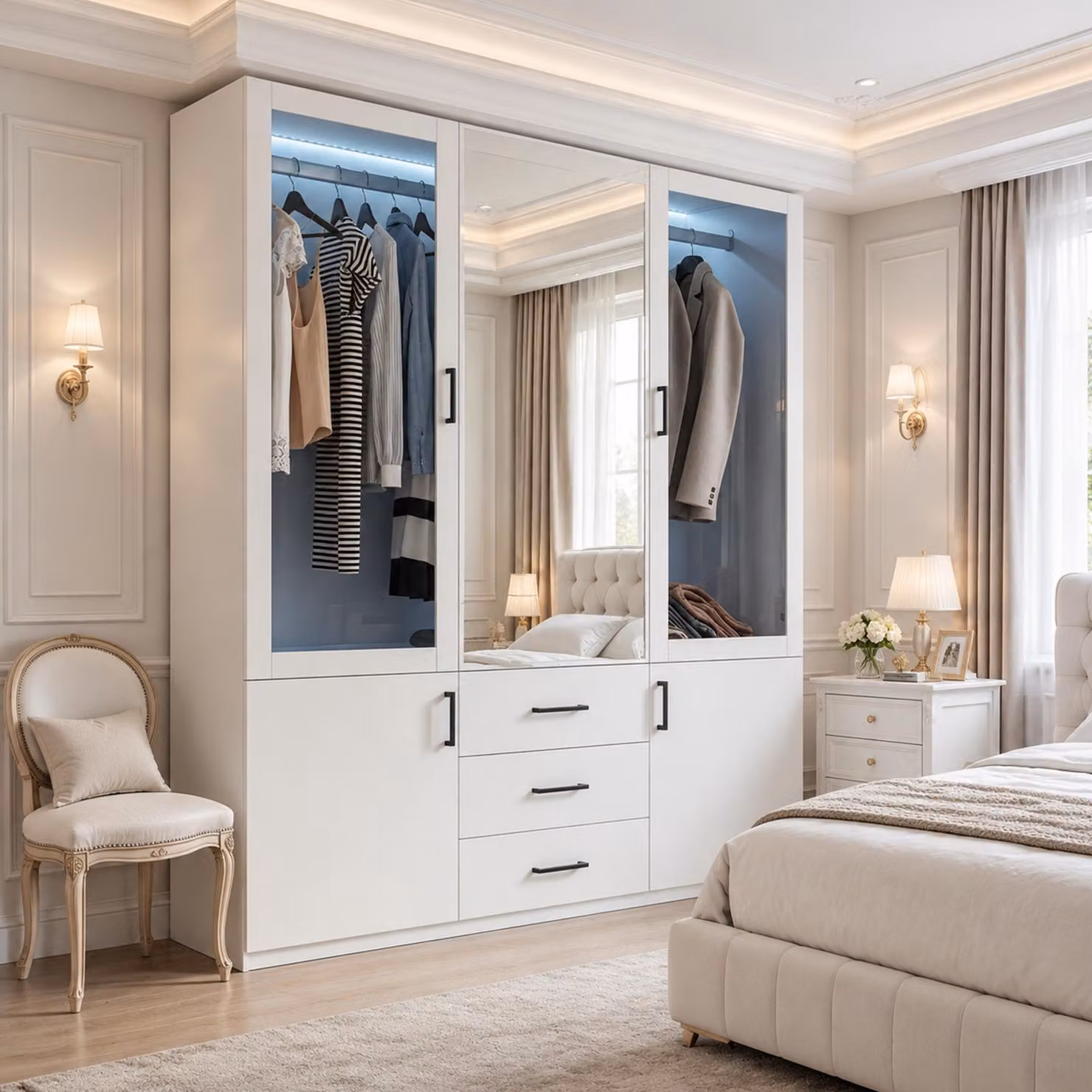 Armadio INONEFT con LED e 3 cassetti, dimensioni 130×51.8×181.5 cm, armadio a 4 ante con specchio, armadio per la camera da letto, armadio con ante a battente, colore bianco