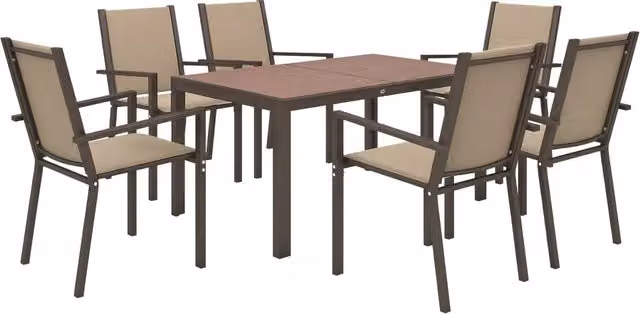 Set da Giardino 7 Pezzi in Plastica con 6 Sedie Impilabili e Tavolo Rettangolare, Kaki e Marrone