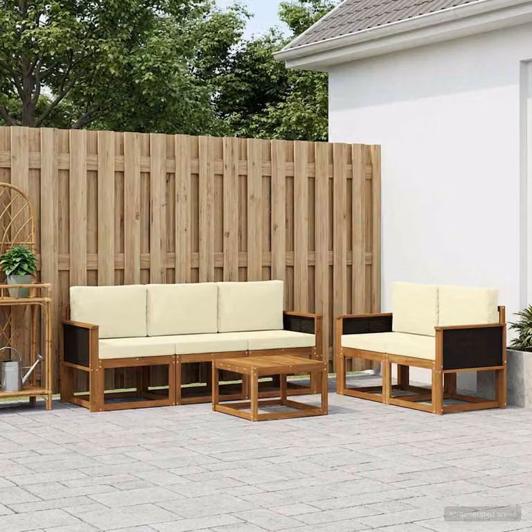Set di divani da esterno vidaXL in legno di acacia con cuscini, 6 pezzi, Beige e Marrone