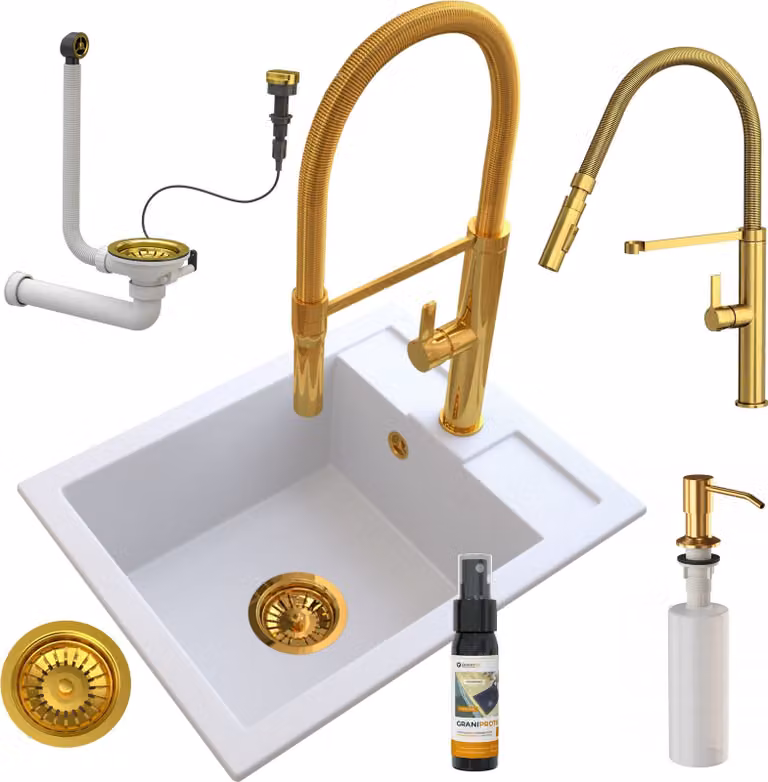 Granitan - Lavello in granito - Lavello da cucina - 50x40 cm - Bianco - con rubinetteria FULL GOLD e dispenser per sapone - BEST