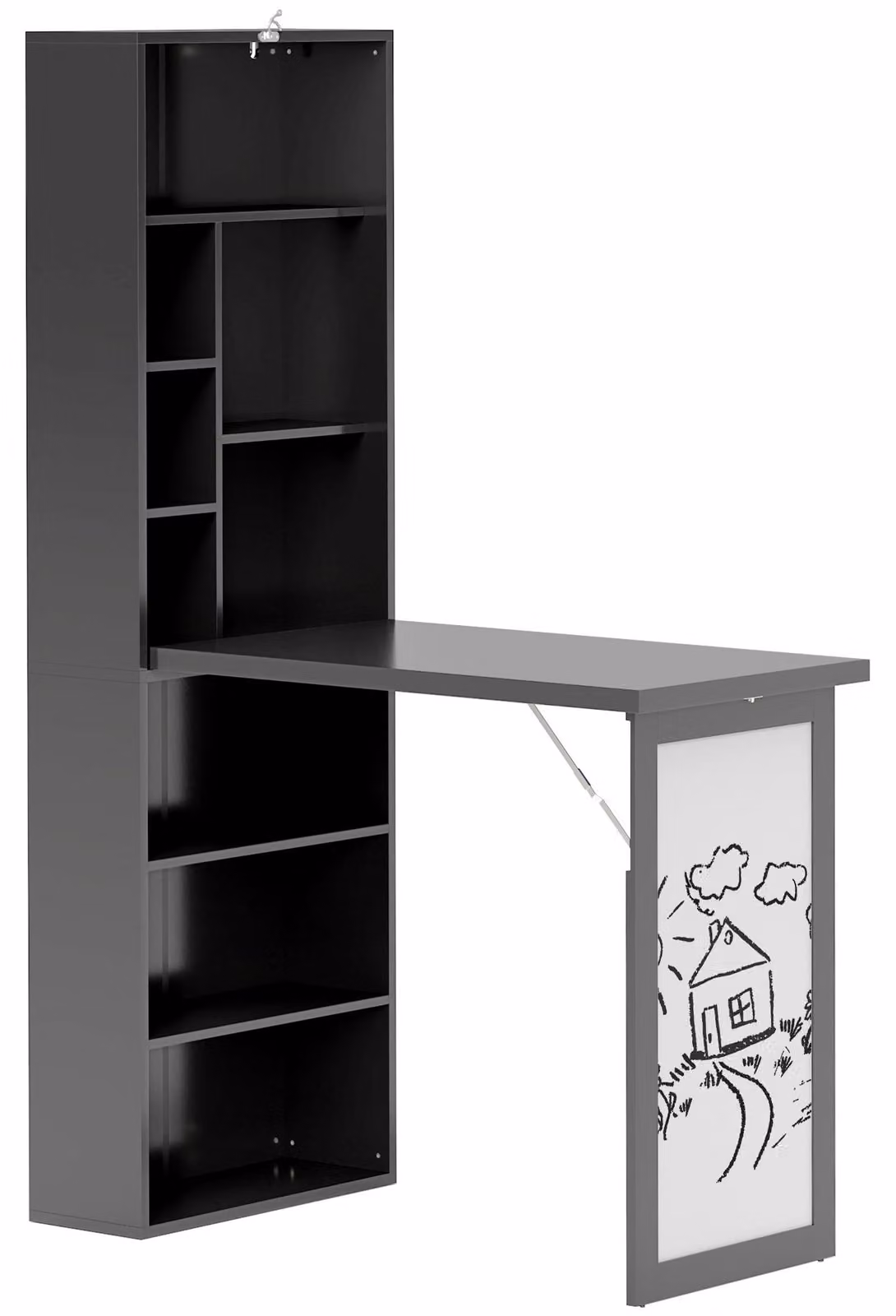 Scrivania Moderna Pieghevole 98x51x153 cm con Libreria e Lavagna in Legno e Metallo Nero