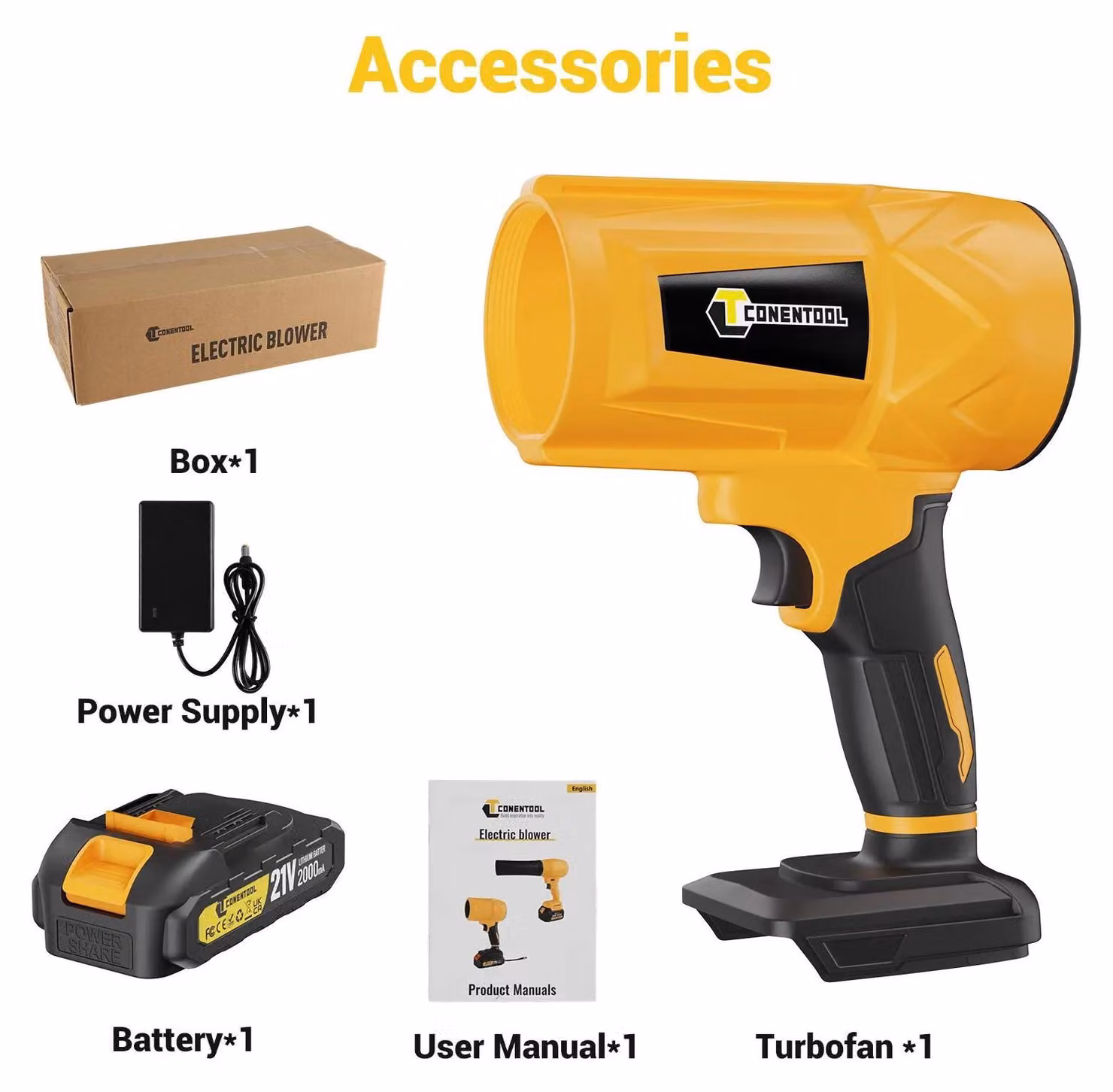 Soffiatore elettrico per foglie - Potente turbina a getto - 62500 giri al minuto - Velocità dell'aria: 200 m/s - 21V, senza fili - Ideale per neve, foglie e polvere - Include 1 batteria