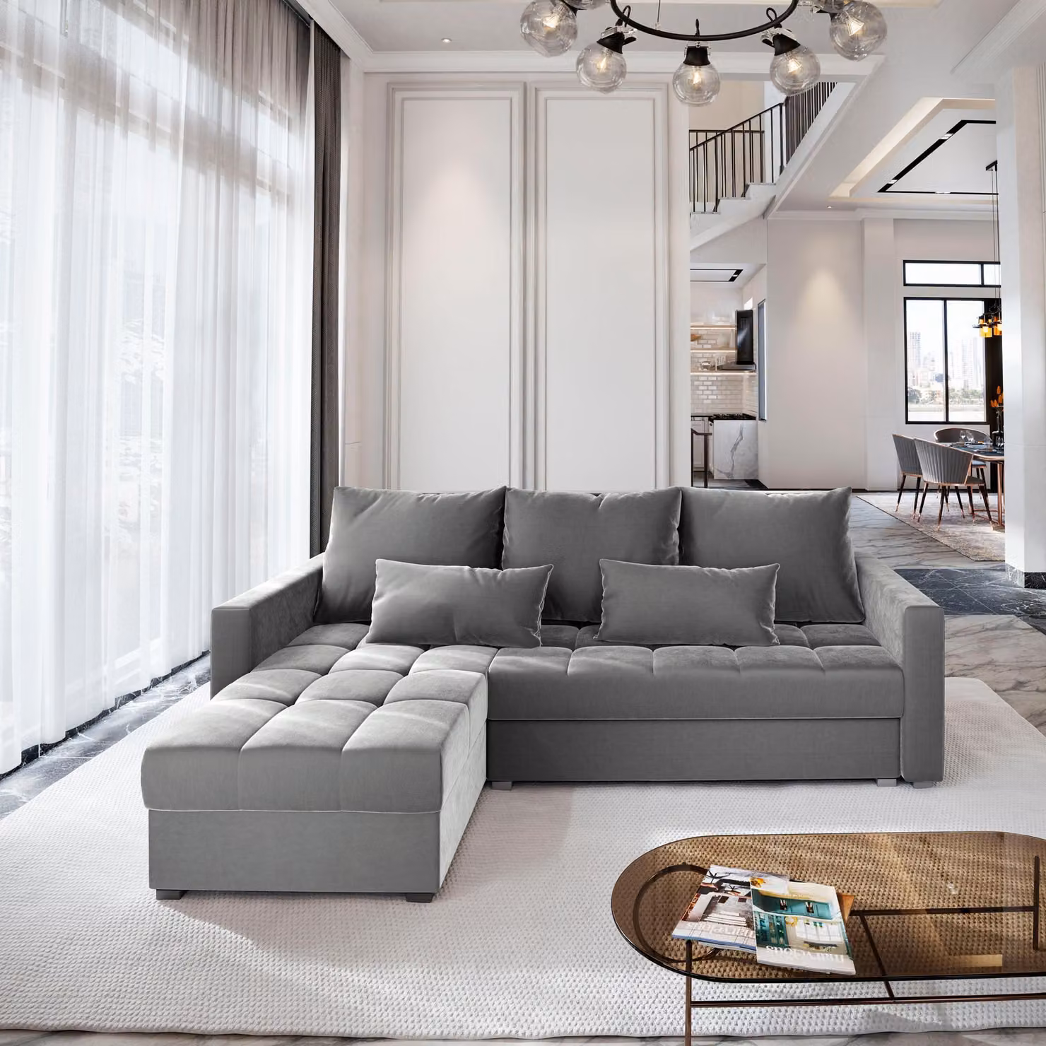 Divano angolare KOS PIK di Masseno con funzione letto a L, divano con box letto, divano da soggiorno, divano, divano letto, set di divani - grigio chiaro, PAROS 05