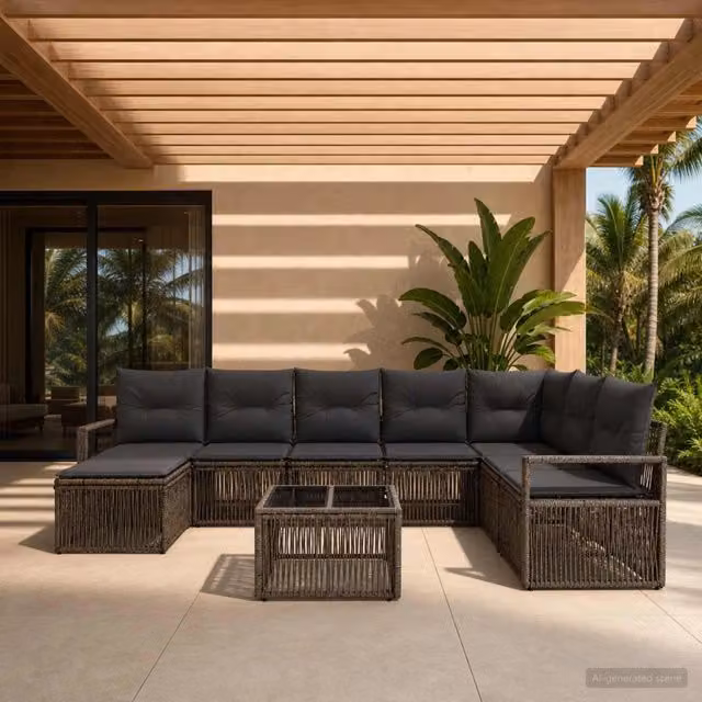Set Divano da Giardino a Forma di U con Tavolino e Ottoman vidaXL, 9 Pezzi, Grigio