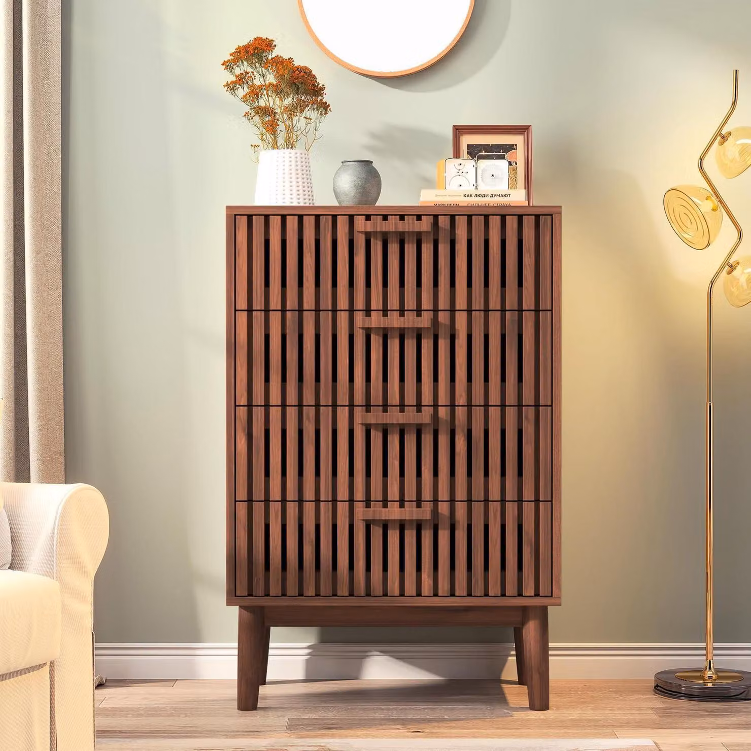 Comodino con 4 cassetti in rattan, dimensioni 60x34x91 cm