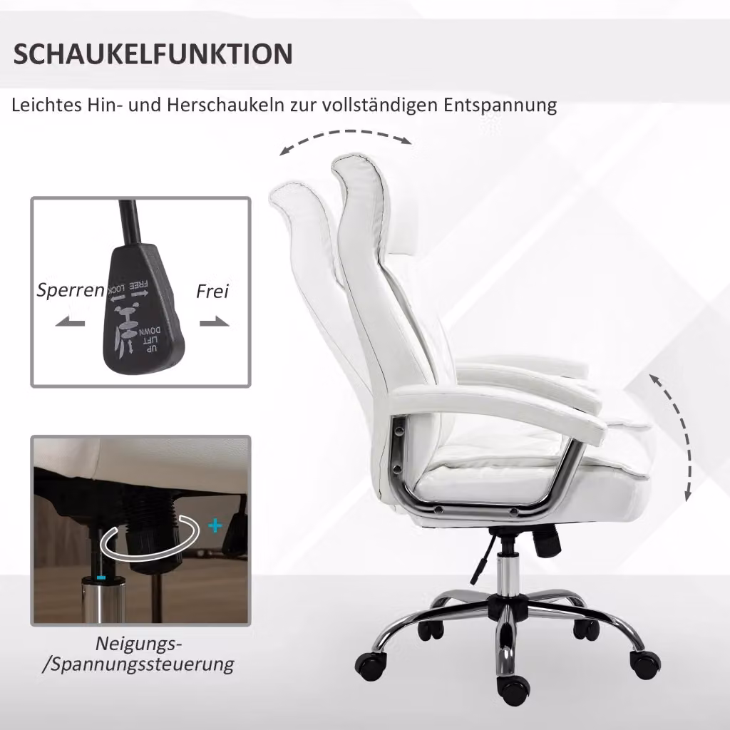Sedia da ufficio ergonomica REDOM in ecopelle bianca con struttura in metallo, regolabile in altezza, con poggiatesta e ruote, L: 66 cm, P: 69 cm, H: 121 cm – 2
