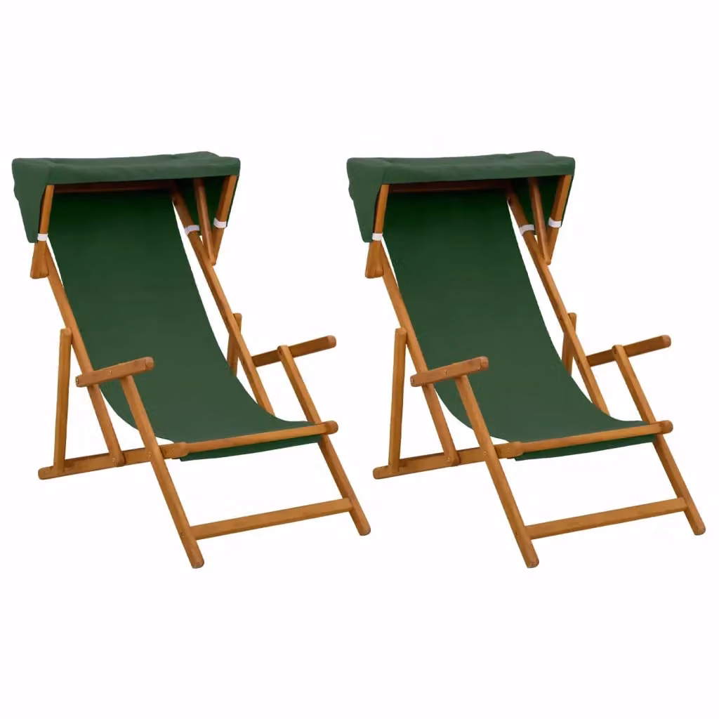 Set di 2 lettini da giardino vidaXL in legno di eucalipto massello con tendalino verde – 2