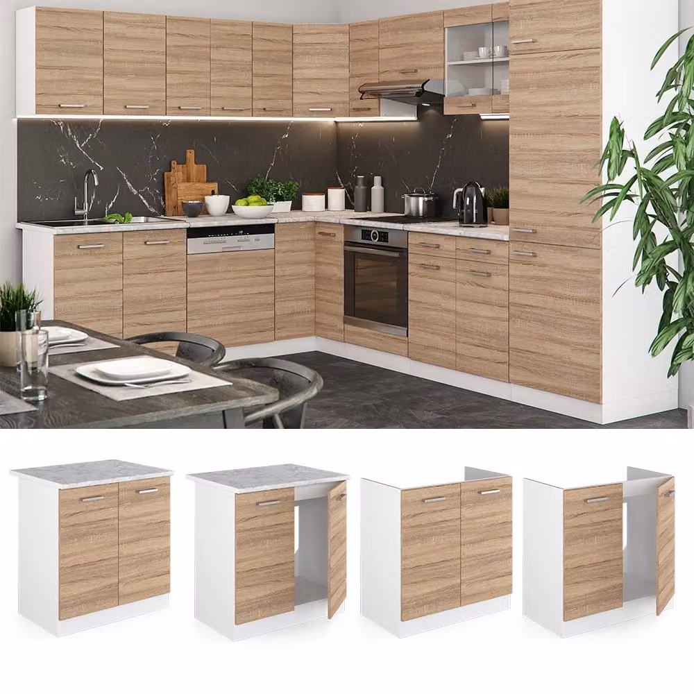 Mobile lavello cucina Vicco R-Line moderno con ante a battente, colori bianco beige e grigio, L: 80 cm, H: 81,6 cm, P: 60 cm – 2